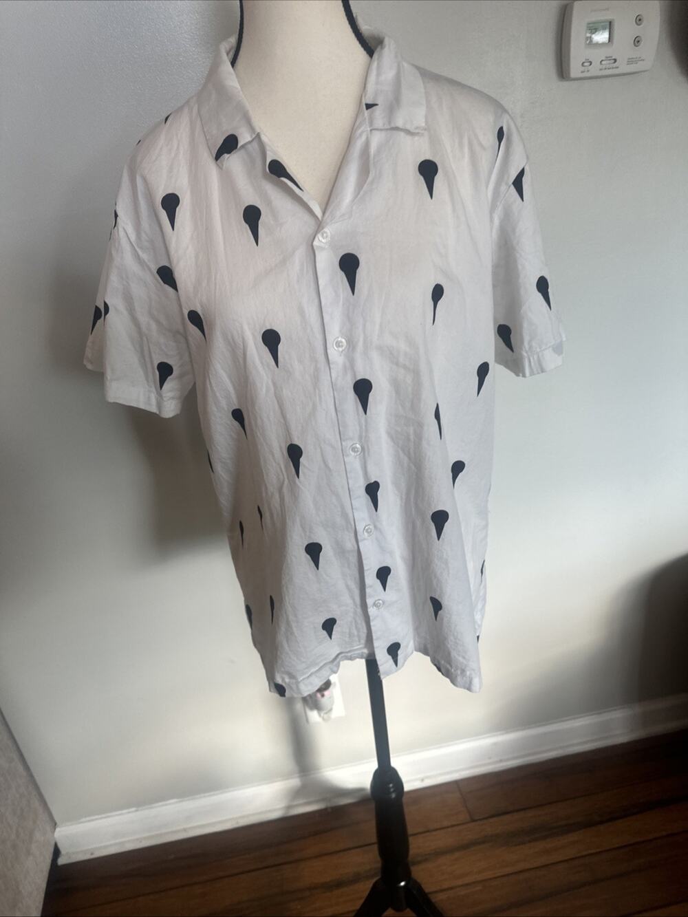 Minimaru White Button Up Shirt With Black Design, Size Small